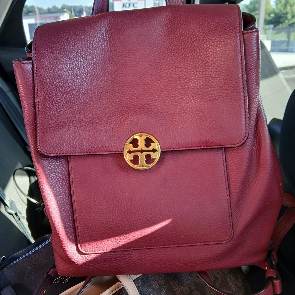Tory Burch Chelsea Backpack Purse Burgundy Pebbled Leather Gold Hardware